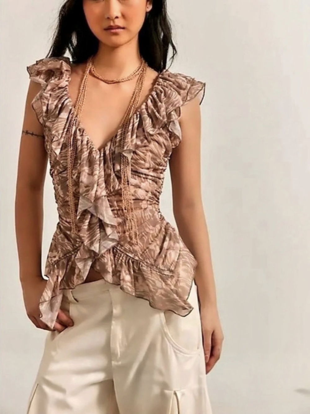 NWT Free People Blythe Vest Ruffle V-Neck Sleeveless Ruched Top Blouse Tan M